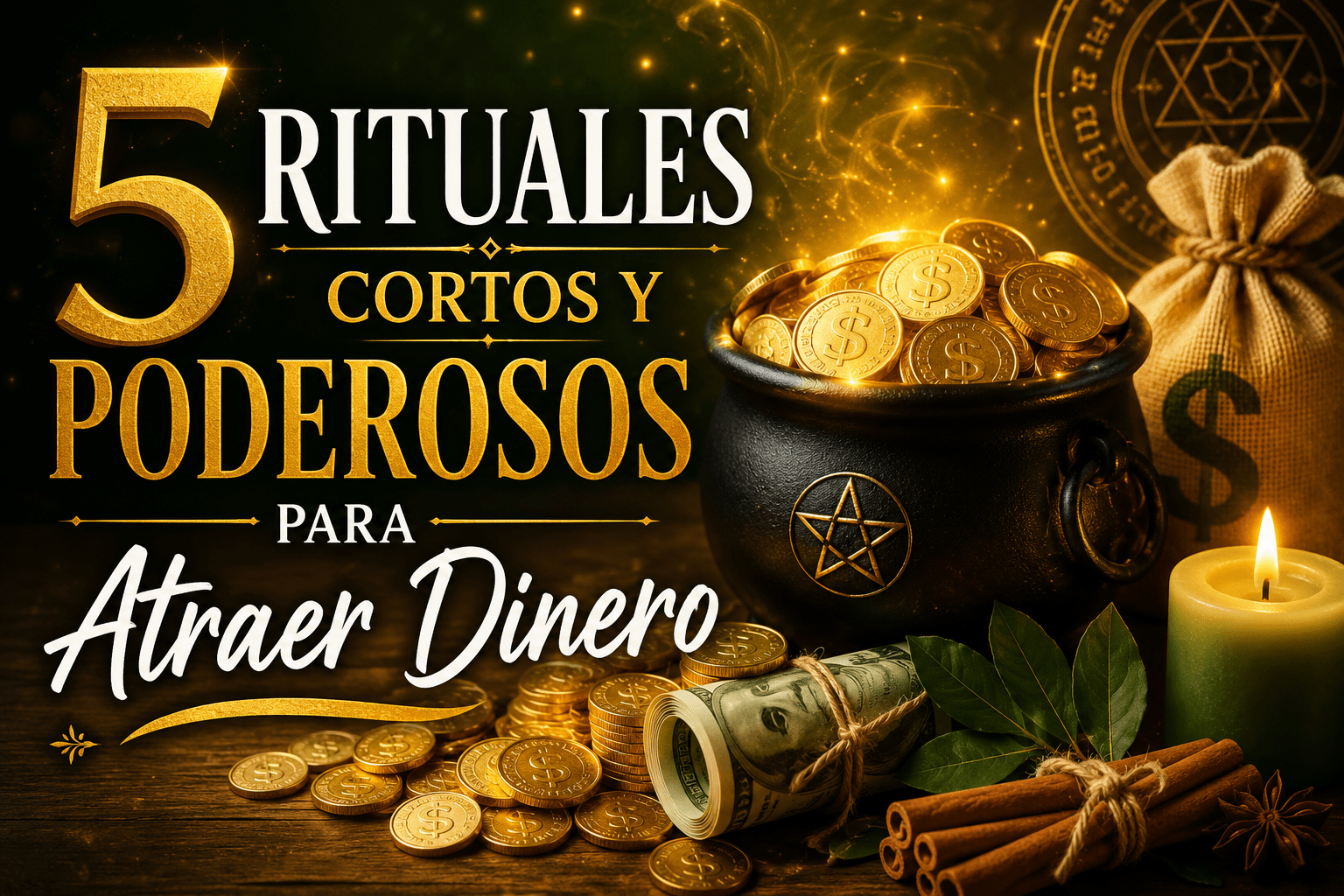 Imagen mística de rituales para atraer dinero con velas, monedas, canela, laurel y símbolos de prosperidad y abundancia.