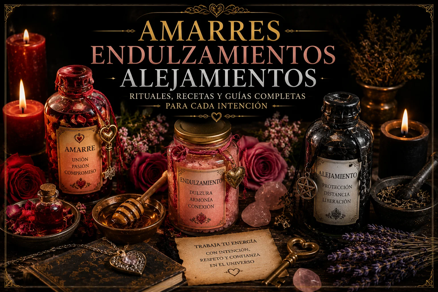Amarres, endulzamientos y alejamientos representados con velas, rosas, miel, hierbas, frascos rituales y cristales.