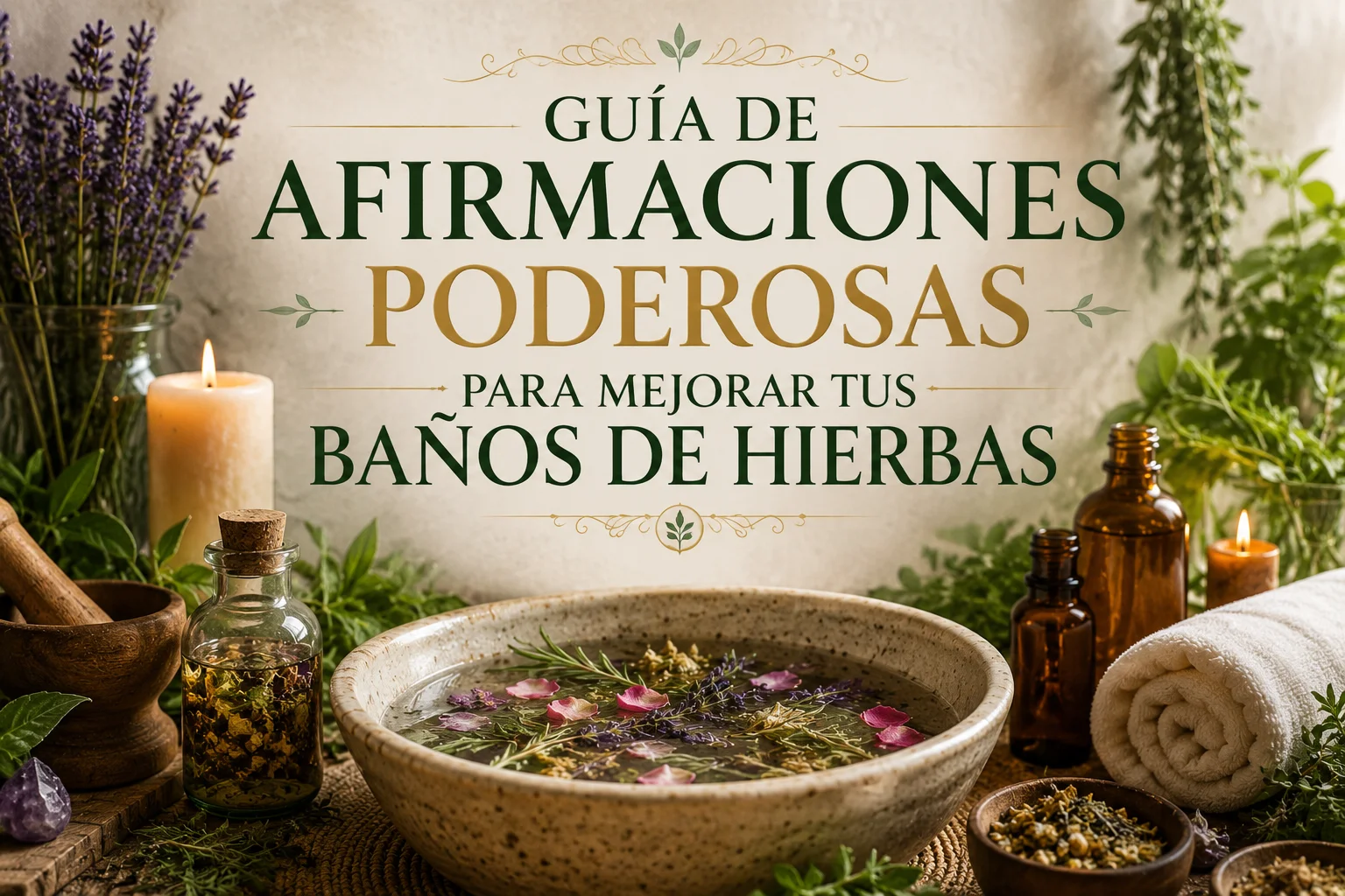 Afirmaciones poderosas para baños de hierbas con plantas, flores, velas y agua ritual