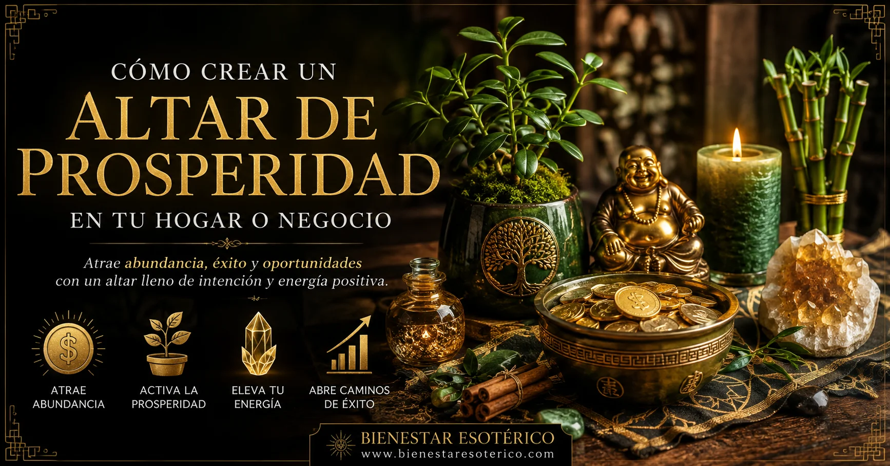 Altar de prosperidad con plantas, velas, monedas, cristales y elementos simbólicos de abundancia en un hogar o negocio.