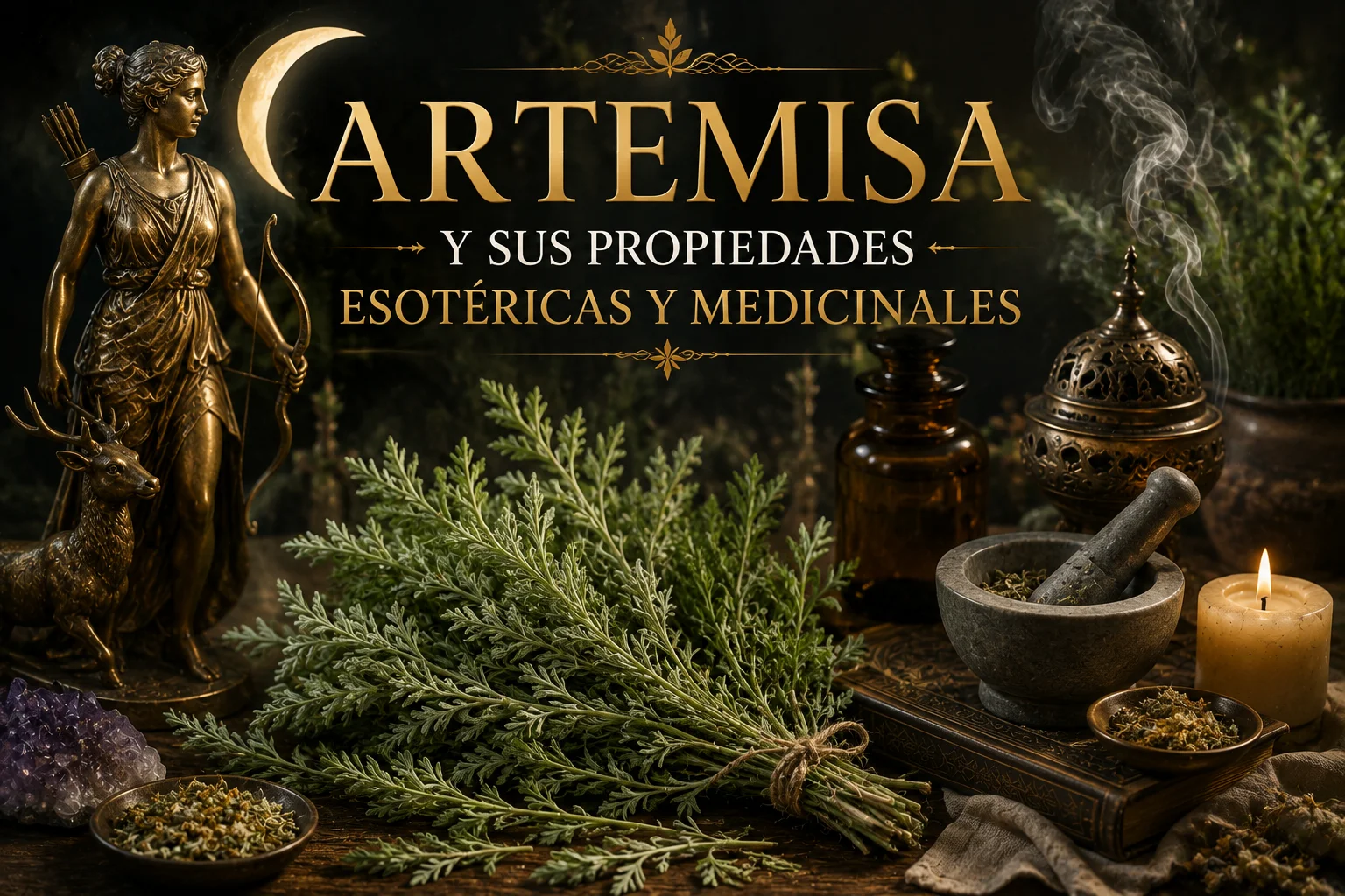 Planta Artemisa fresca y seca con elementos herbales y esotéricos para representar sus propiedades tradicionales