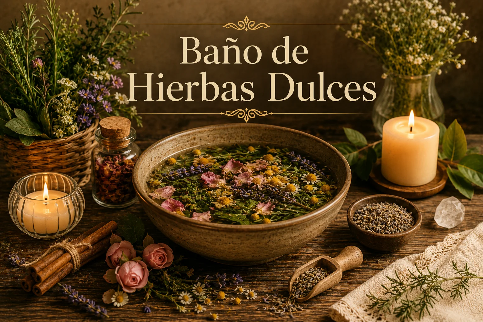 Baño de hierbas dulces con flores, manzanilla, lavanda, rosas y plantas aromáticas preparado en un recipiente natural.
