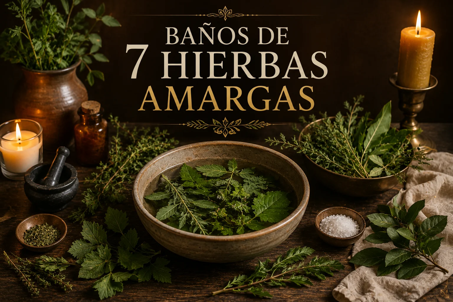 Baño de 7 hierbas amargas preparado con plantas frescas, agua, sal y elementos naturales para una limpieza energética tradicional.