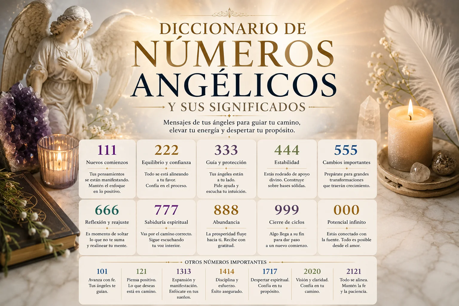Diccionario de números angélicos y significados de 111, 222, 333, 444, 555 y otros números repetidos