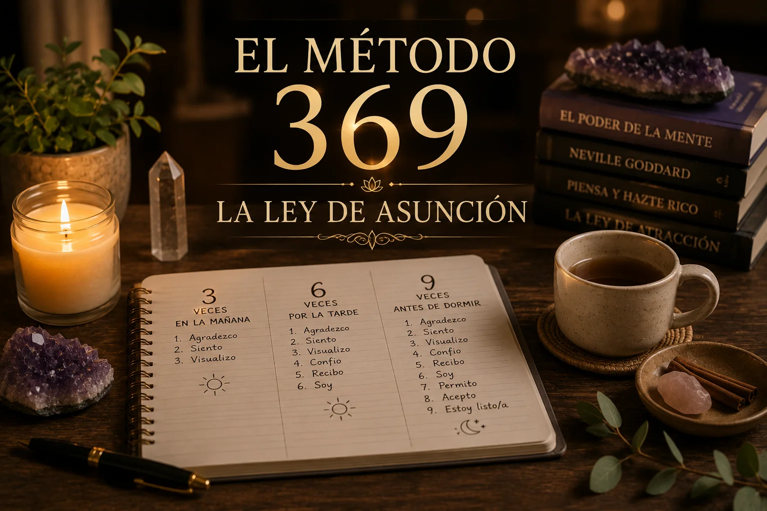 Método 369 y Ley de Asunción representados con diario de afirmaciones, velas, cristales y elementos de visualización.