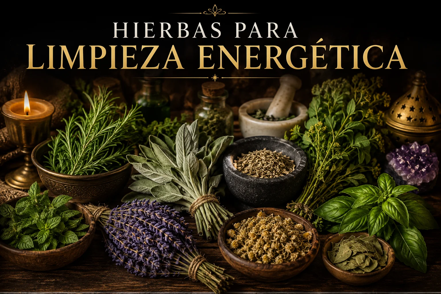 Hierbas para limpieza energética con romero, ruda, albahaca, salvia y otras plantas naturales