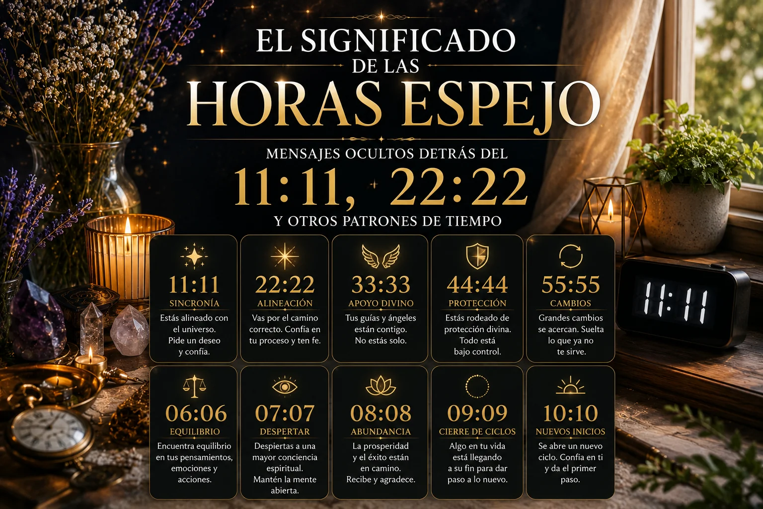Significado de las horas espejo 11:11 y 22:22 en un reloj con velas y elementos espirituales