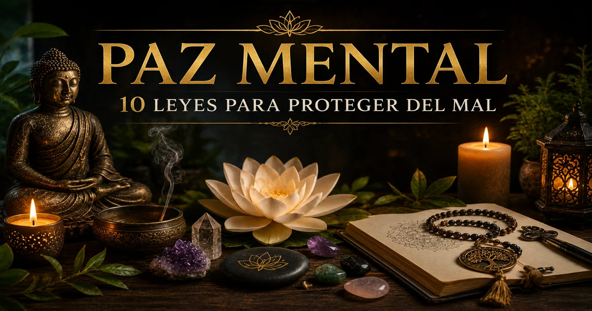 Paz mental y protección espiritual con velas, loto, incienso, cristales y elementos de meditación