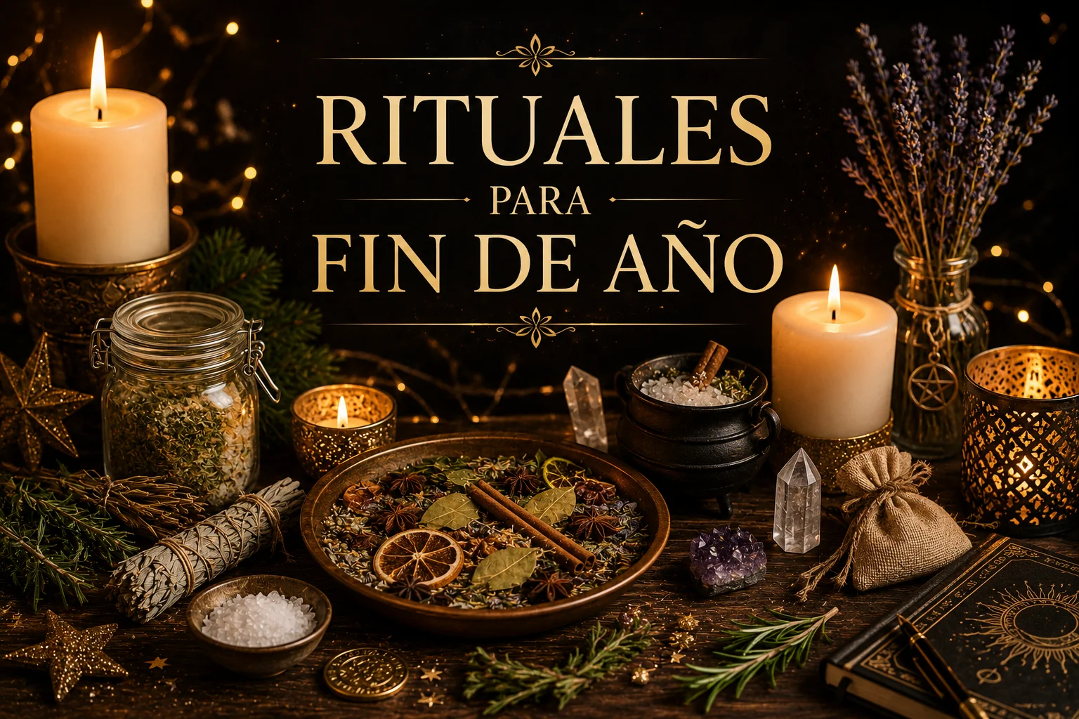 Rituales para fin de año con velas, hierbas, canela, sal, cristales y elementos naturales para cerrar ciclos y atraer prosperidad.