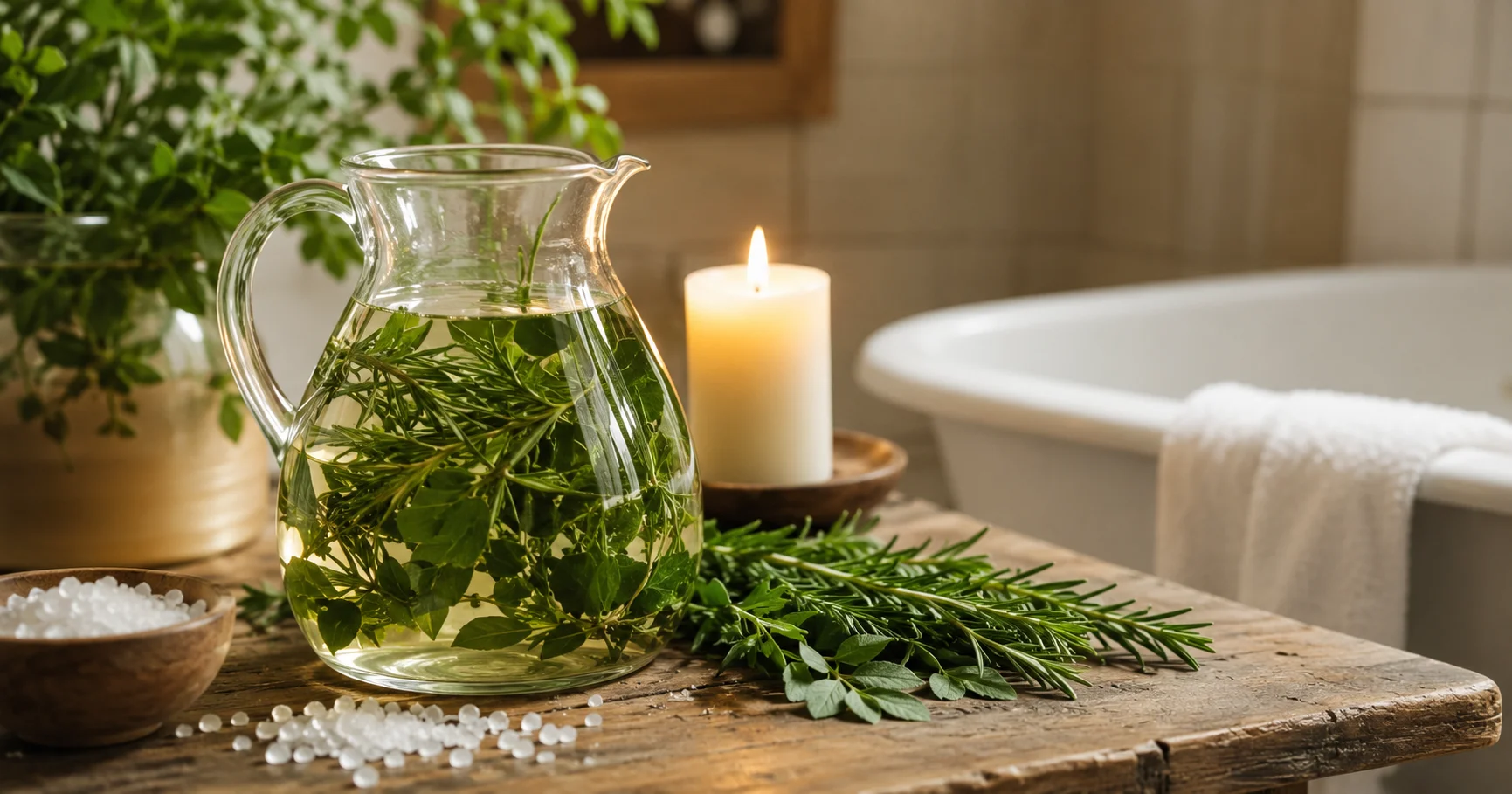 Jarra de cristal con infusión de romero, ruda y sal marina sobre mesa de madera rodeada de velas blancas encendidas.
