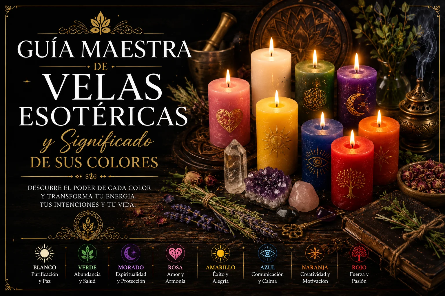 Guía maestra de velas espirituales con el significado de sus colores, usos y rituales para protección, amor, prosperidad y bienestar.