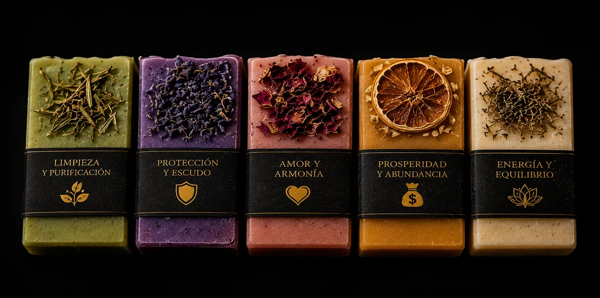 Jabones esotéricos artesanales con hierbas, flores y cristales