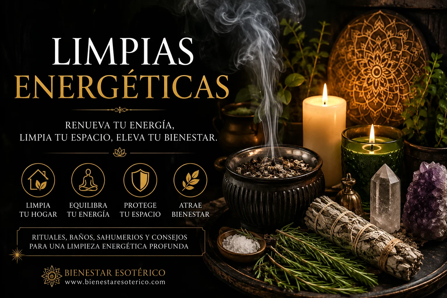 Limpias energéticas con sahumerio, romero, sal, velas y cristales para limpiar y renovar la energía del hogar.
