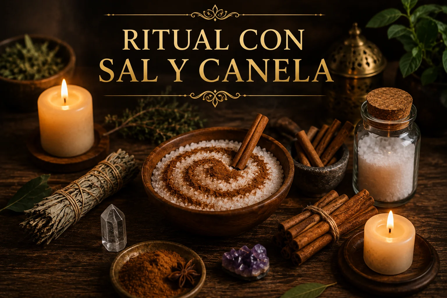 Ritual con sal y canela para prosperidad, con velas, hierbas, canela en rama y sal sobre una mesa de madera.