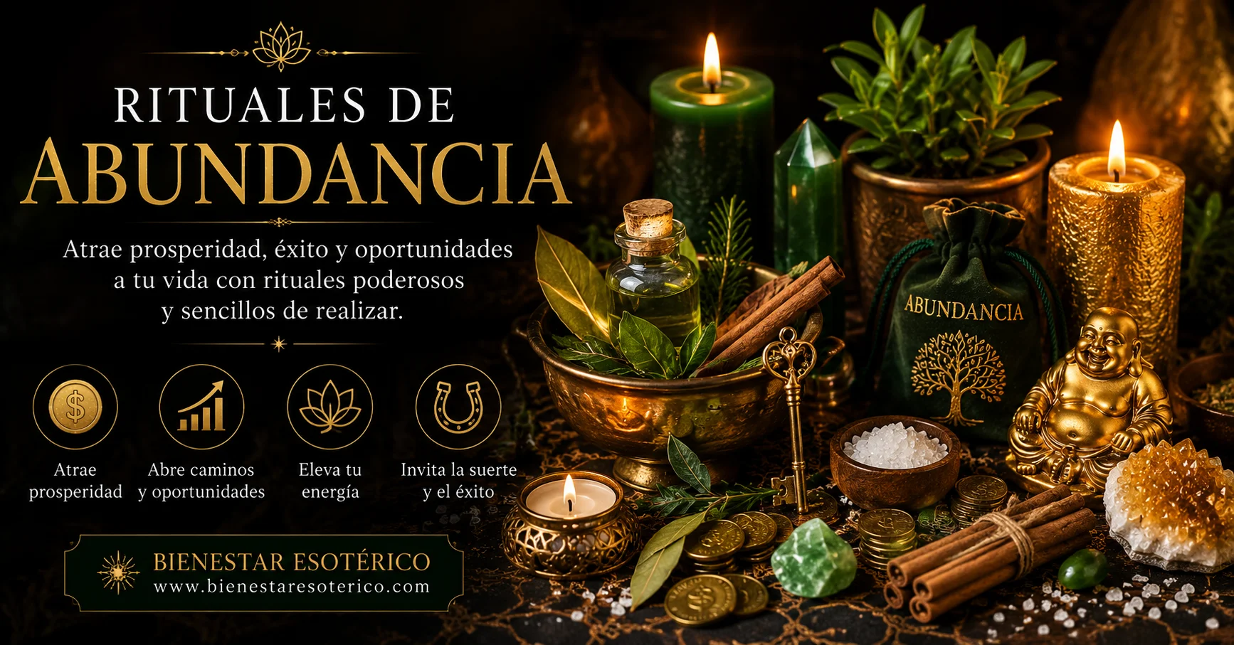 Rituales de abundancia con velas, monedas, canela, plantas y cristales para simbolizar prosperidad y bienestar.