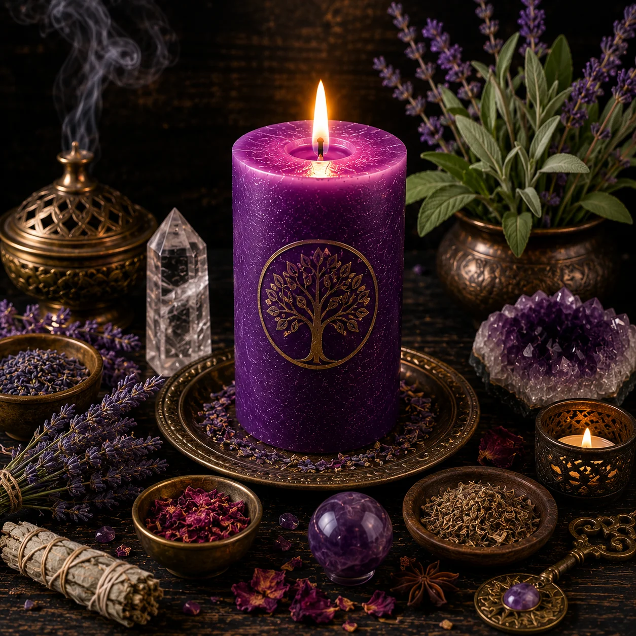 Vela morada o violeta para espiritualidad, intuición y meditación