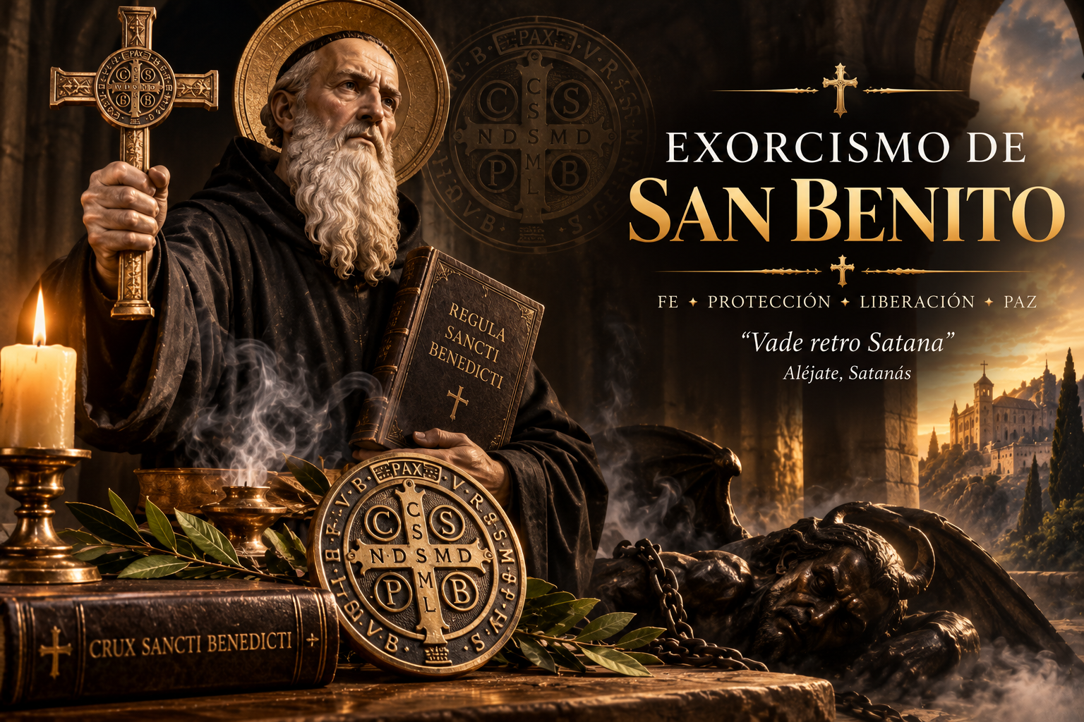 San Benito haciendo un exorcismo con una cruz y su medalla