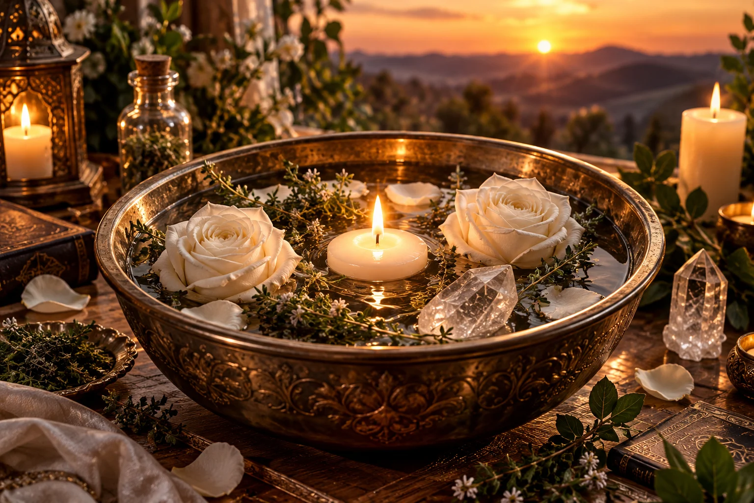 Hechizo para atraer el amor con rosas blancas, vela y cuarzo
