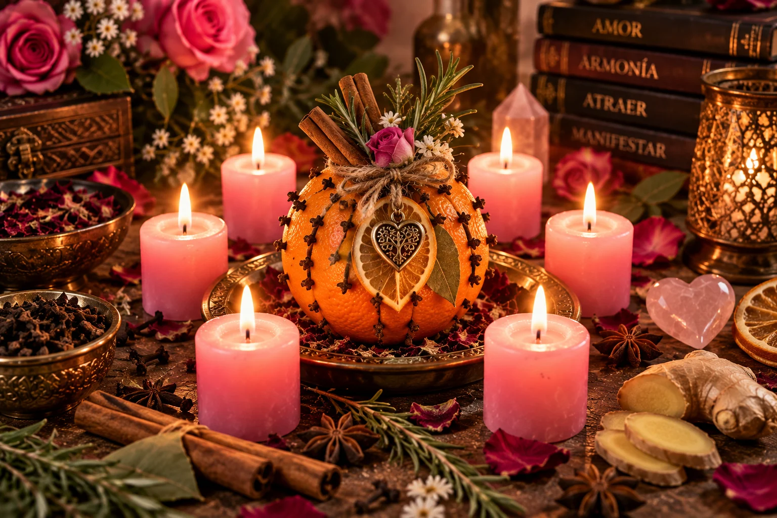 Amuleto para el romance con naranja, clavos de olor y velas rosas