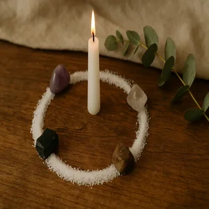 Círculo ritual trazado con sal marina y velas