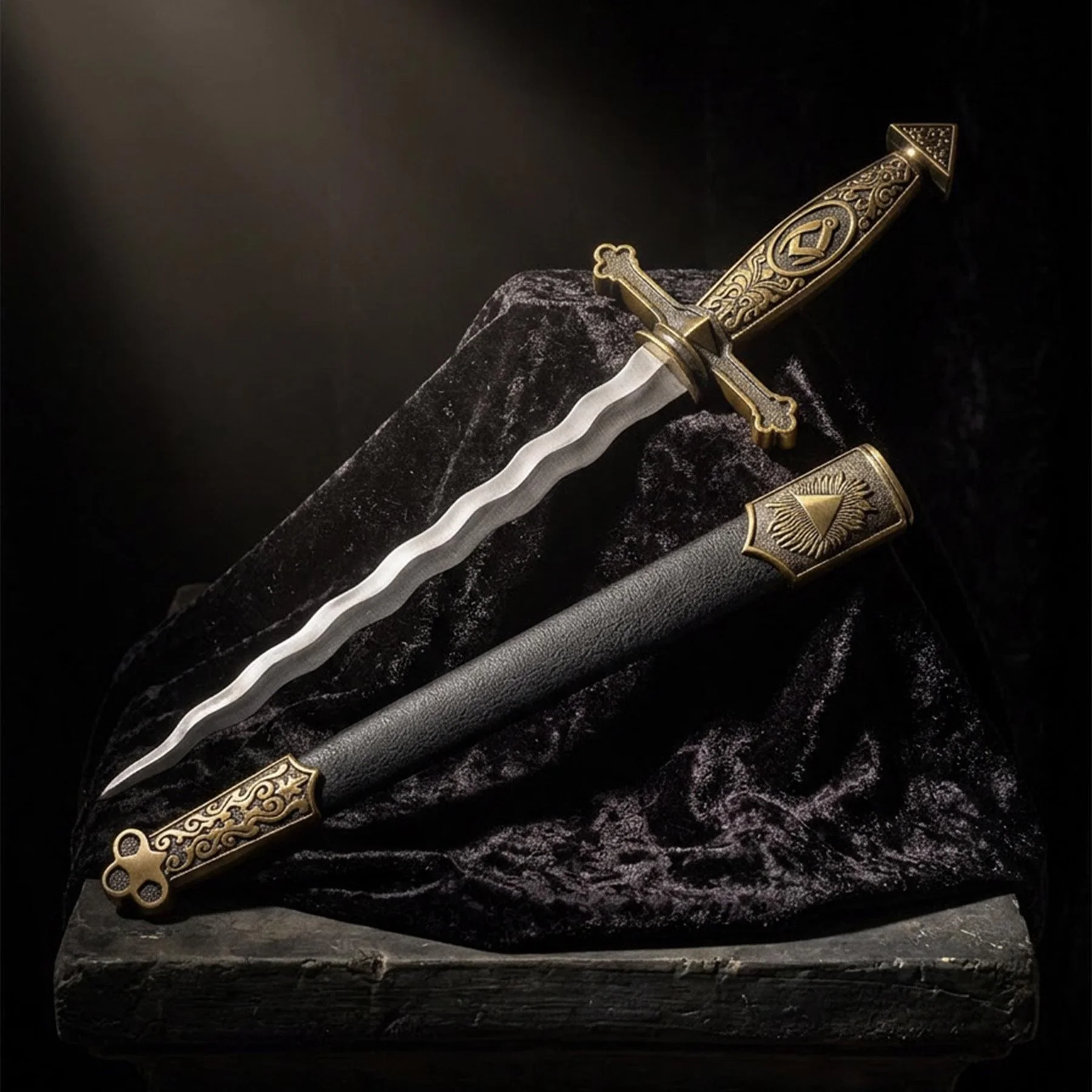 Espada ceremonial athame y herramientas sobre paño negro