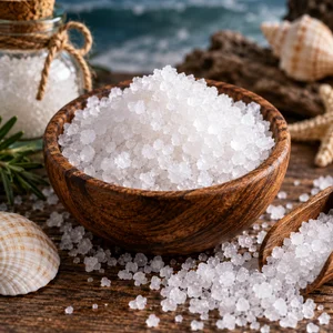 Sal marina gruesa sin refinar en cuenco